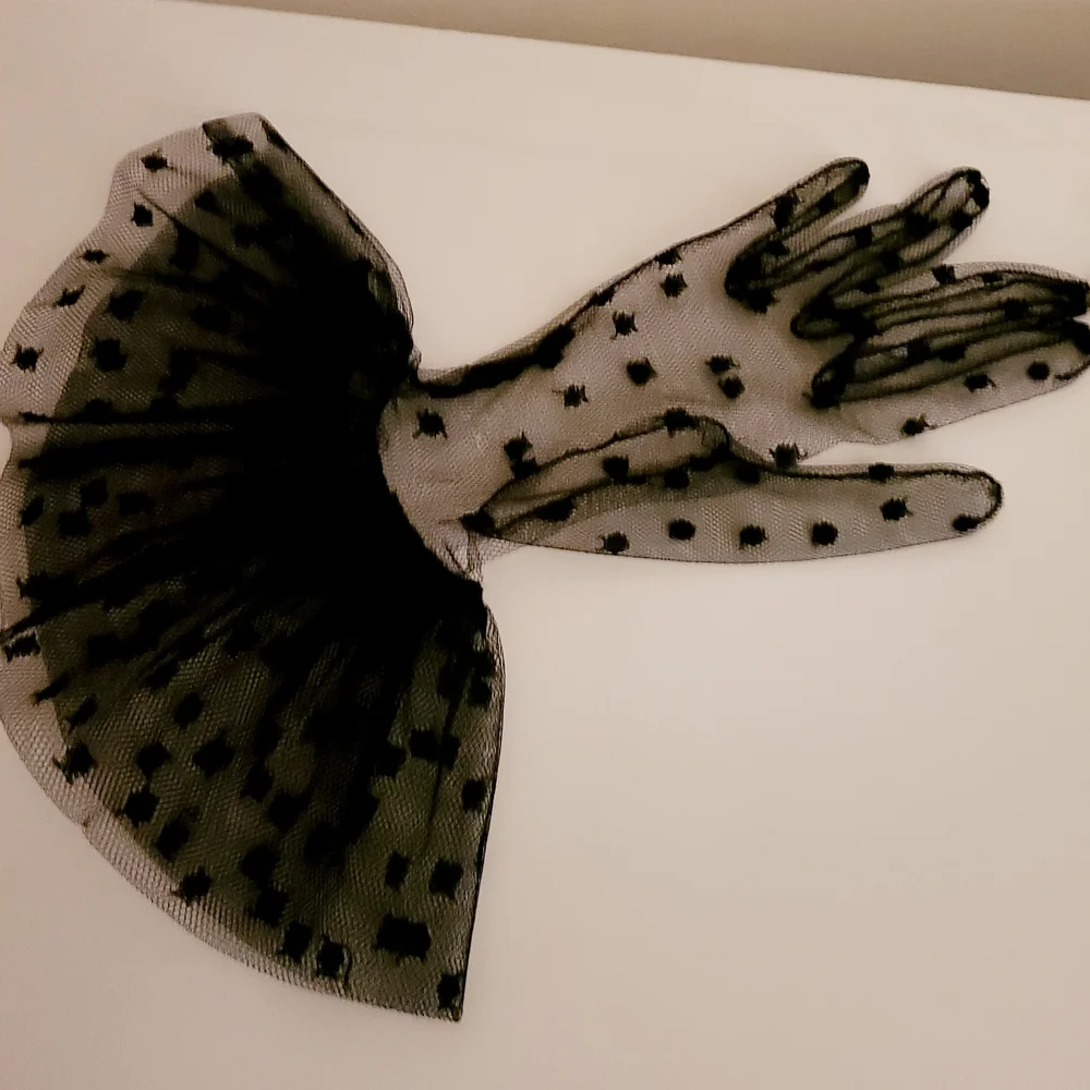 Vintage 1990s Sheer Black Polka Dot Tulle Gloves With Ruffled Cuffs